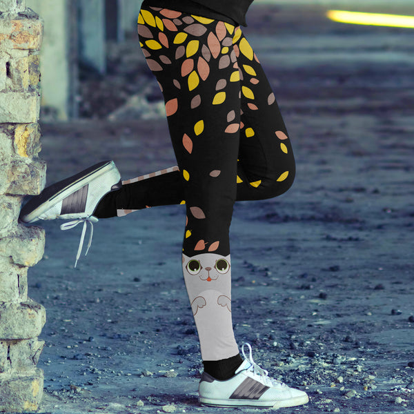 Cat playing with Leaves Leggings