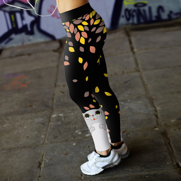 Cat playing with Leaves Leggings