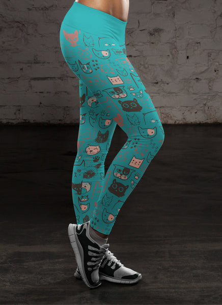 Cute Cat Face Blue Leggings