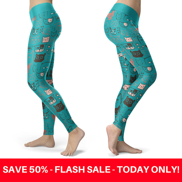 Cute Cat Face Blue Leggings