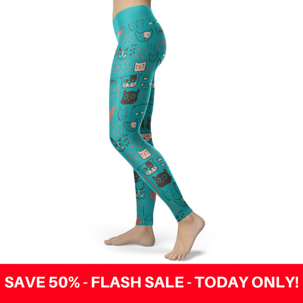 Cute Cat Face Blue Leggings