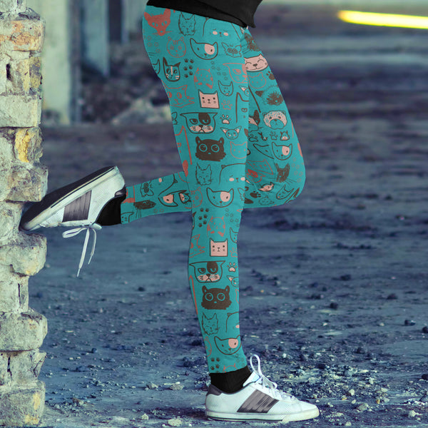 Cute Cat Face Blue Leggings