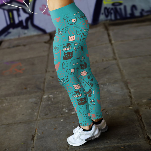 Cute Cat Face Blue Leggings
