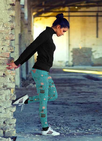 Cute Cat Face Blue Leggings