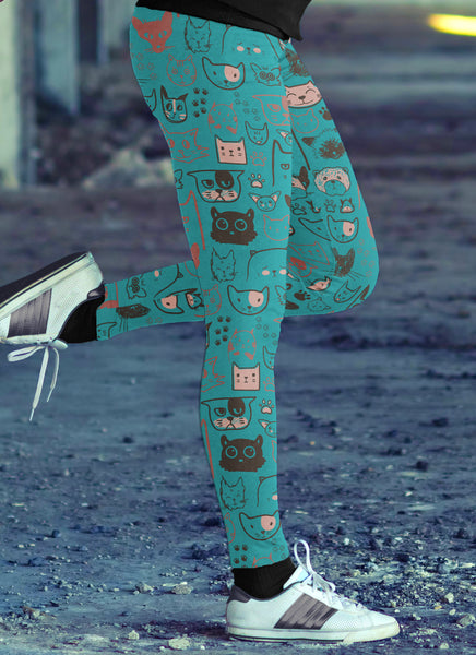Cute Cat Face Blue Leggings