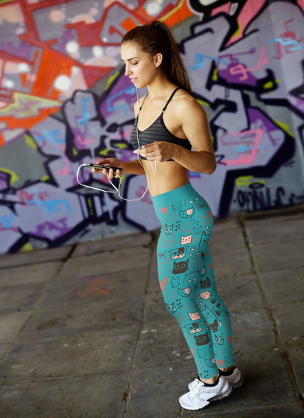 Cute Cat Face Blue Leggings