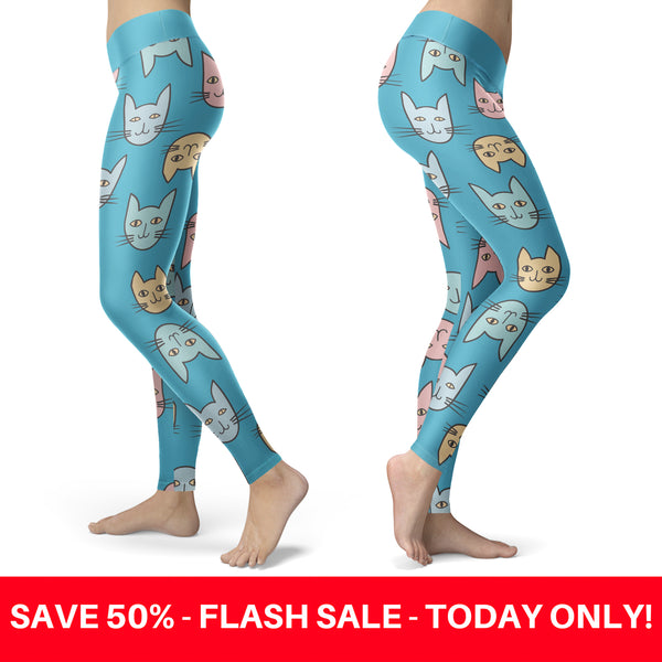 Cute Cat Faces Light Blue Leggings
