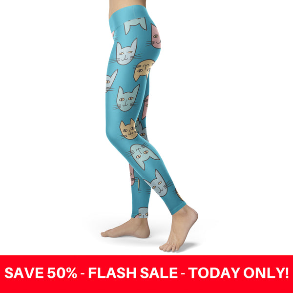 Cute Cat Faces Light Blue Leggings