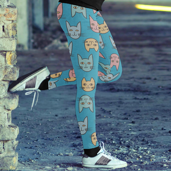 Cute Cat Faces Light Blue Leggings
