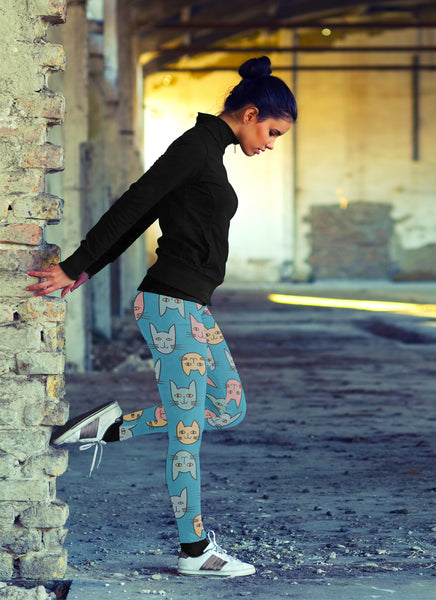 Cute Cat Faces Light Blue Leggings