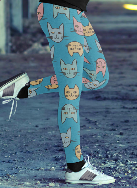 Cute Cat Faces Light Blue Leggings