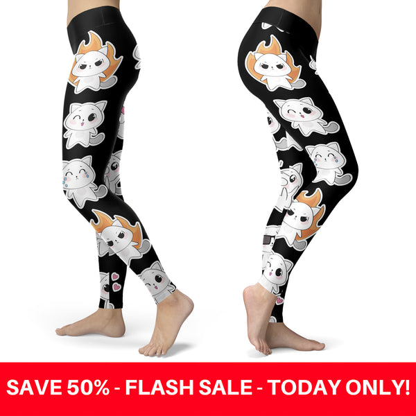 Cat Emoji Faces Black Orange Leggings