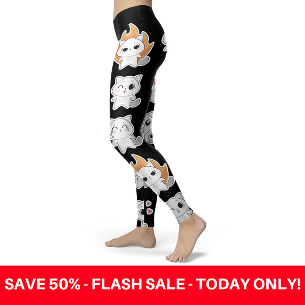 Cat Emoji Faces Black Orange Leggings