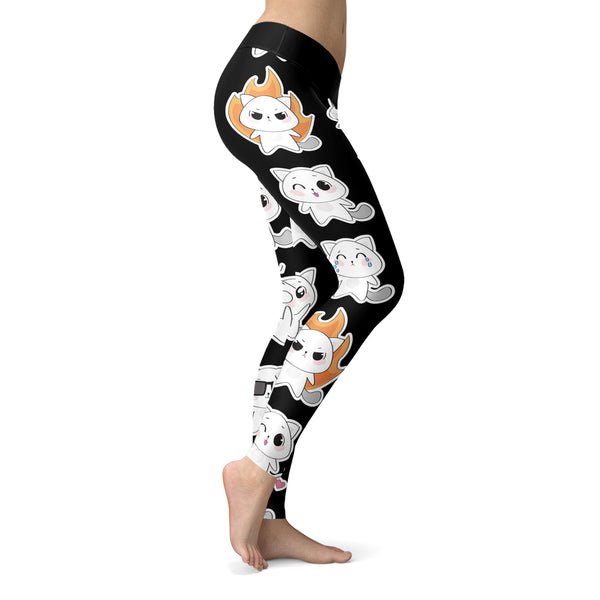 Cat Emoji Faces Black Orange Leggings