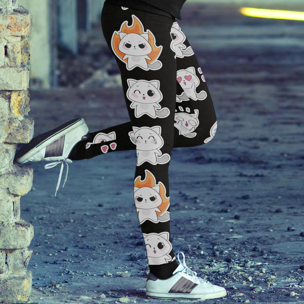 Cat Emoji Faces Black Orange Leggings