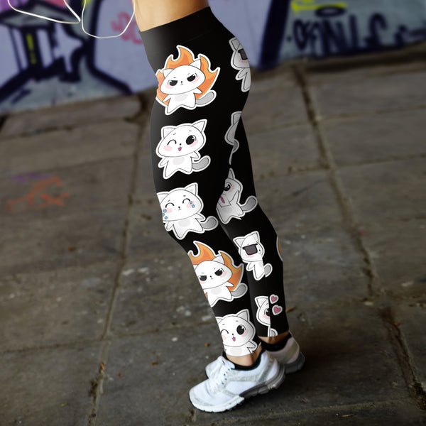 Cat Emoji Faces Black Orange Leggings