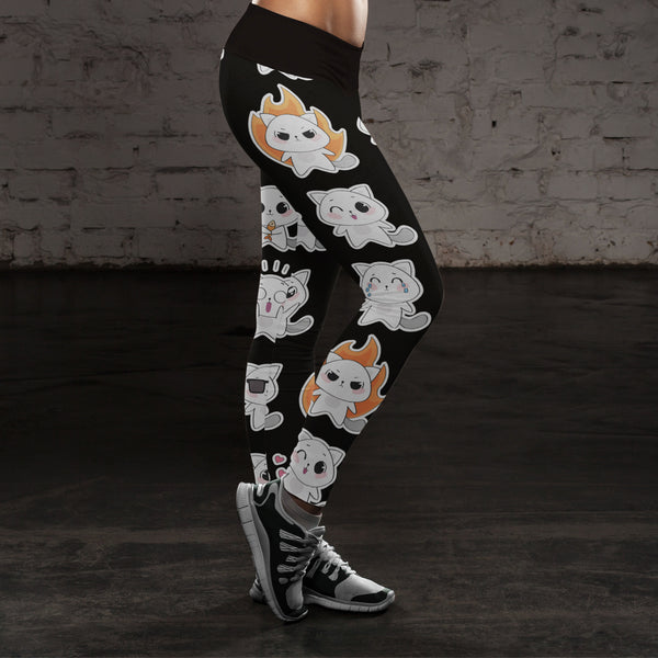 Cat Emoji Faces Black Orange Leggings