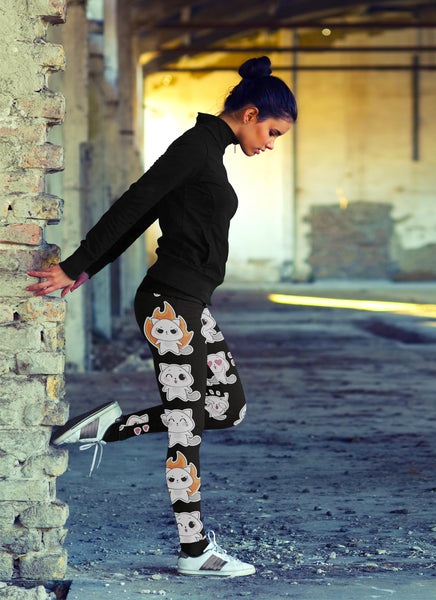 Cat Emoji Faces Black Orange Leggings