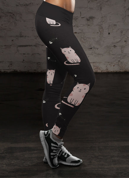 Cute Cat and Fish Bones Black Leggings