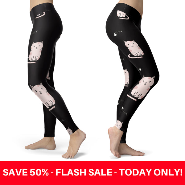 Cute Cat and Fish Bones Black Leggings