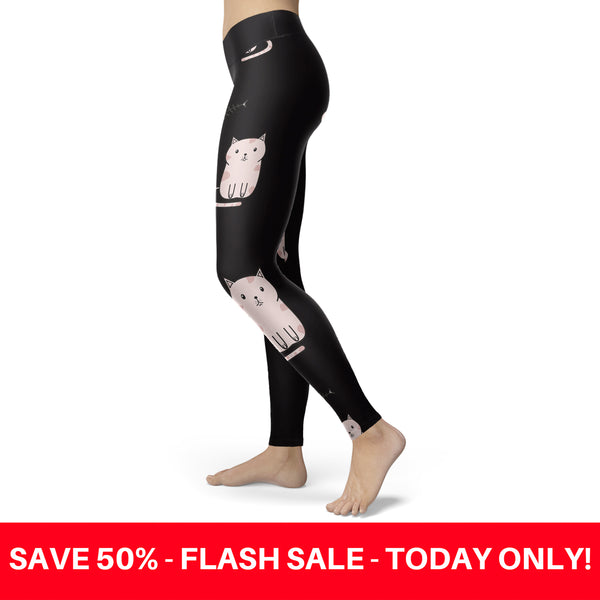 Cute Cat and Fish Bones Black Leggings