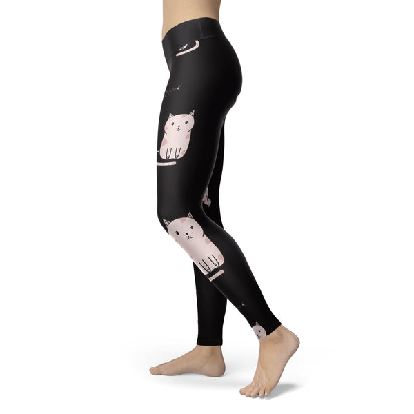 Cute Cat and Fish Bones Black Leggings