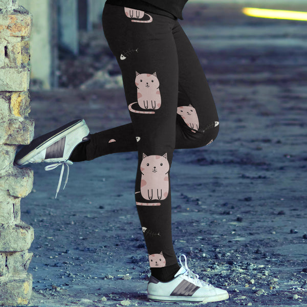 Cute Cat and Fish Bones Black Leggings
