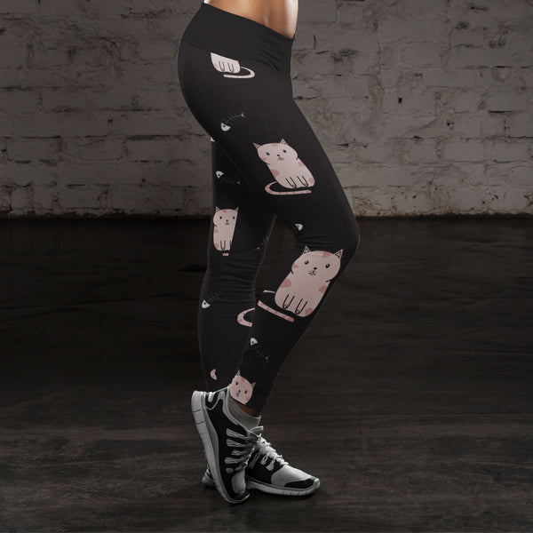 Cute Cat and Fish Bones Black Leggings