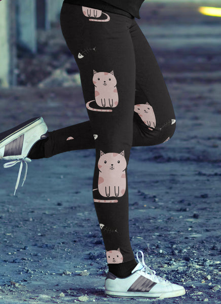 Cute Cat and Fish Bones Black Leggings