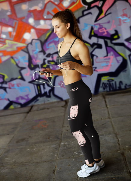 Cute Cat and Fish Bones Black Leggings